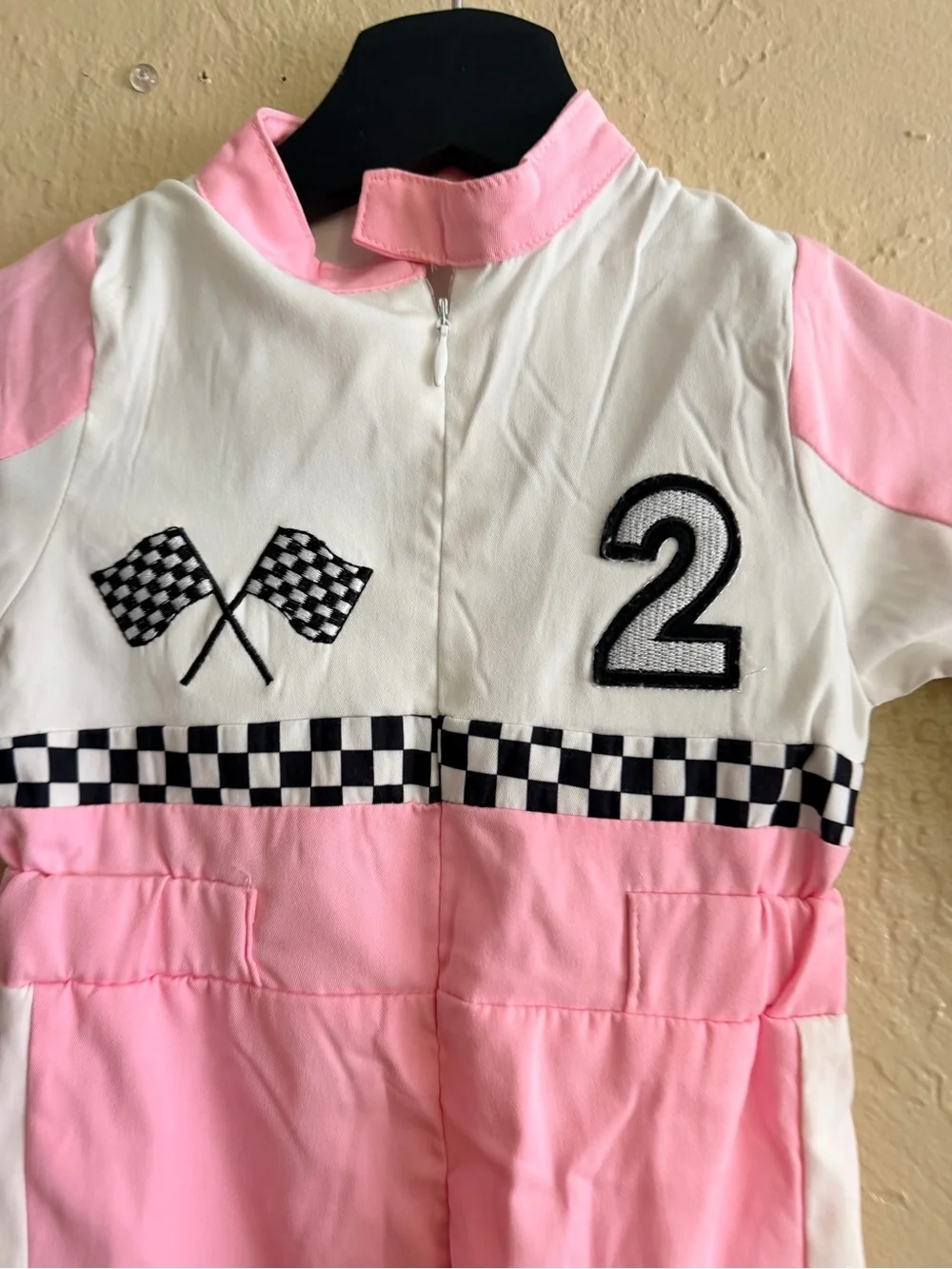 Costume Pink & White Racing Jumpsuit with Checkered Detail